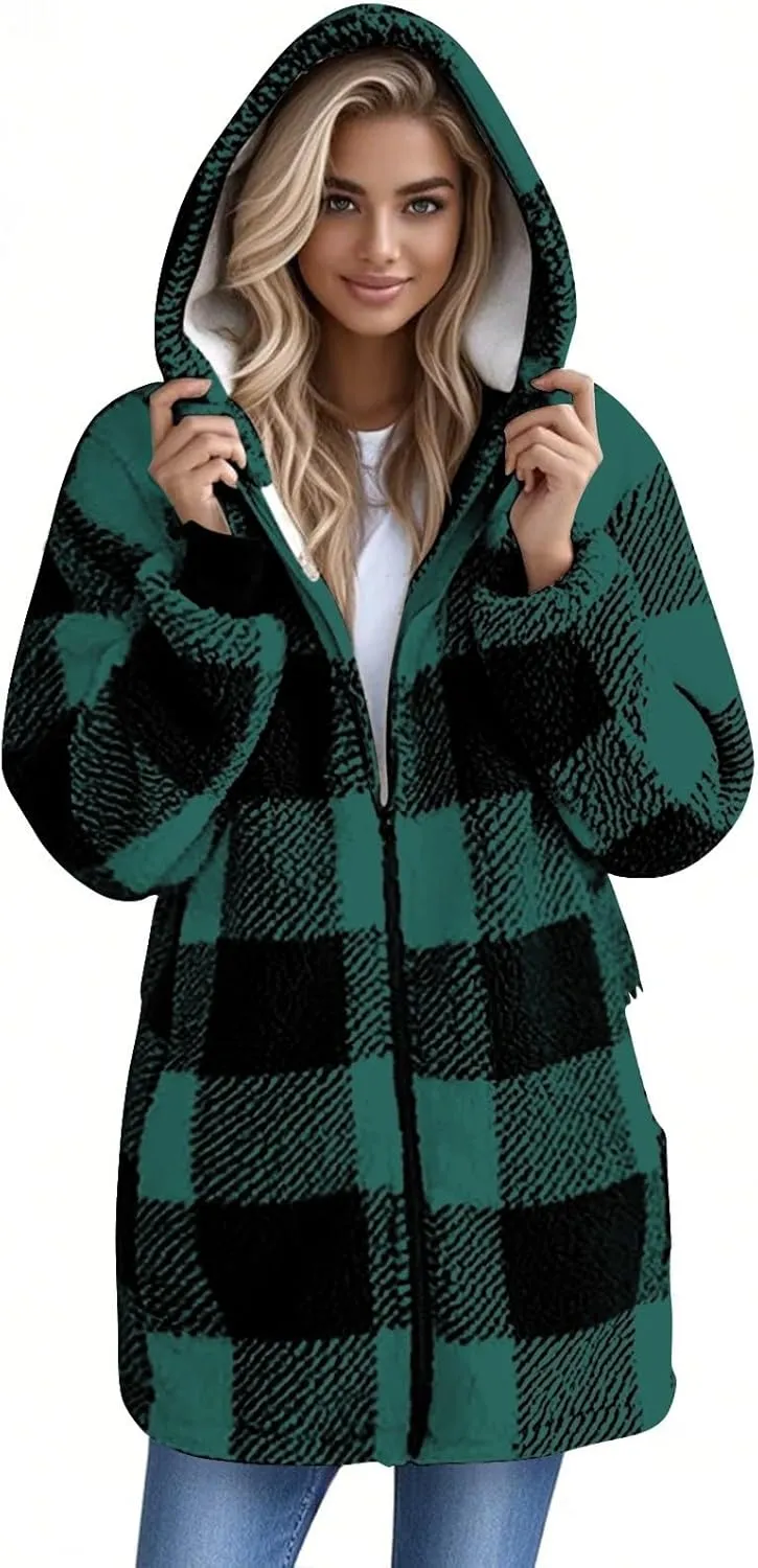 Fleece Jacket Women Sherpa Lined Plaid Flannel Hooded Jacket Oversized Zip Up Jacket with Pockets Fall Warm Coat