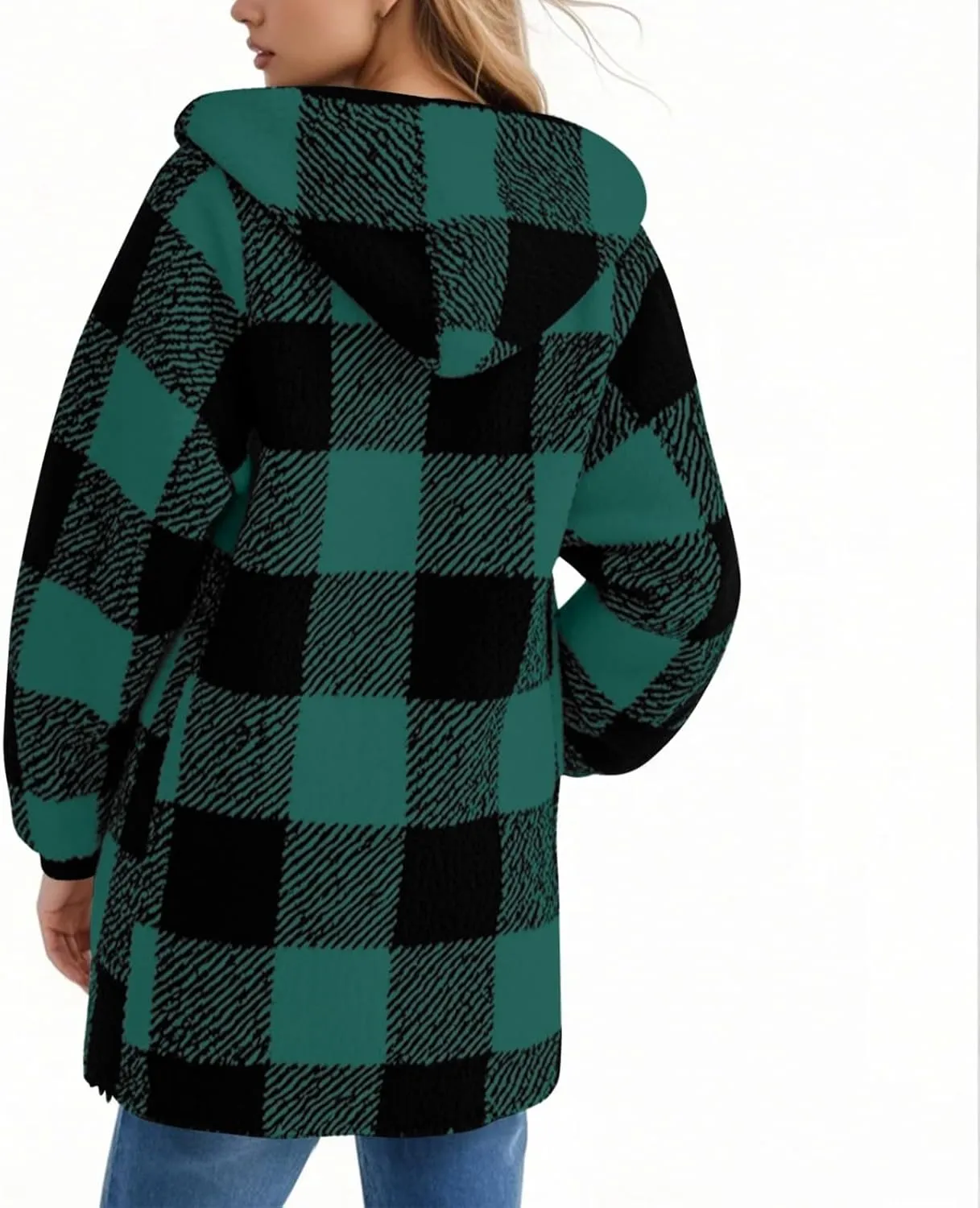 Fleece Jacket Women Sherpa Lined Plaid Flannel Hooded Jacket Oversized Zip Up Jacket with Pockets Fall Warm Coat