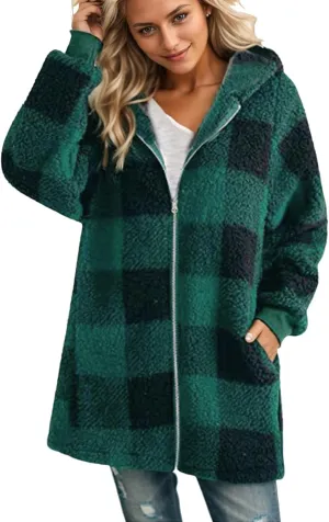 Fleece Jacket Women Sherpa Lined Plaid Flannel Hooded Jacket Oversized Zip Up Jacket with Pockets Fall Warm Coat
