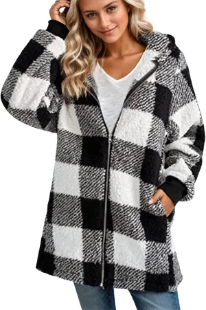 Fleece Jacket Women Sherpa Lined Plaid Flannel Hooded Jacket Oversized Zip Up Jacket with Pockets Fall Warm Coat