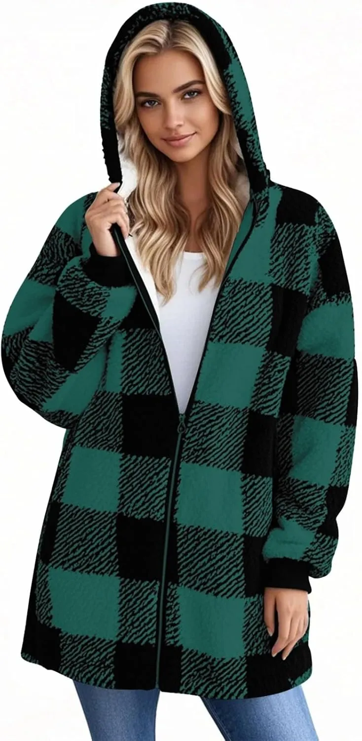 Fleece Jacket Women Sherpa Lined Plaid Flannel Hooded Jacket Oversized Zip Up Jacket with Pockets Fall Warm Coat