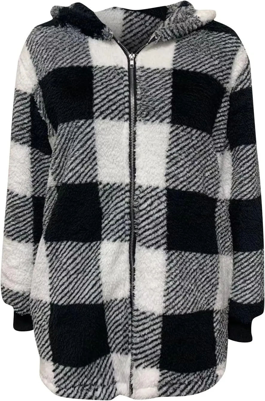 Fleece Jacket Women Sherpa Lined Plaid Flannel Hooded Jacket Oversized Zip Up Jacket with Pockets Fall Warm Coat