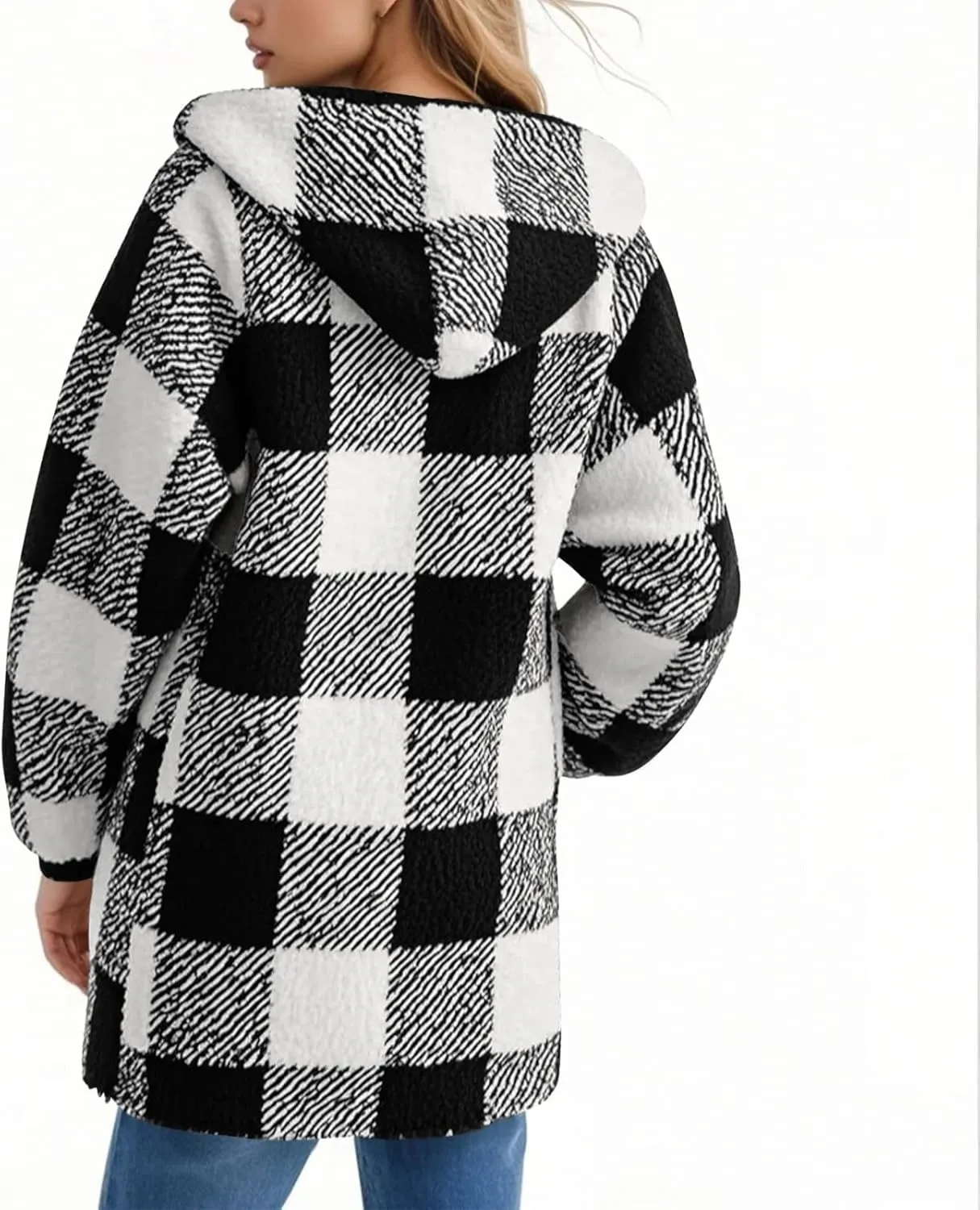 Fleece Jacket Women Sherpa Lined Plaid Flannel Hooded Jacket Oversized Zip Up Jacket with Pockets Fall Warm Coat