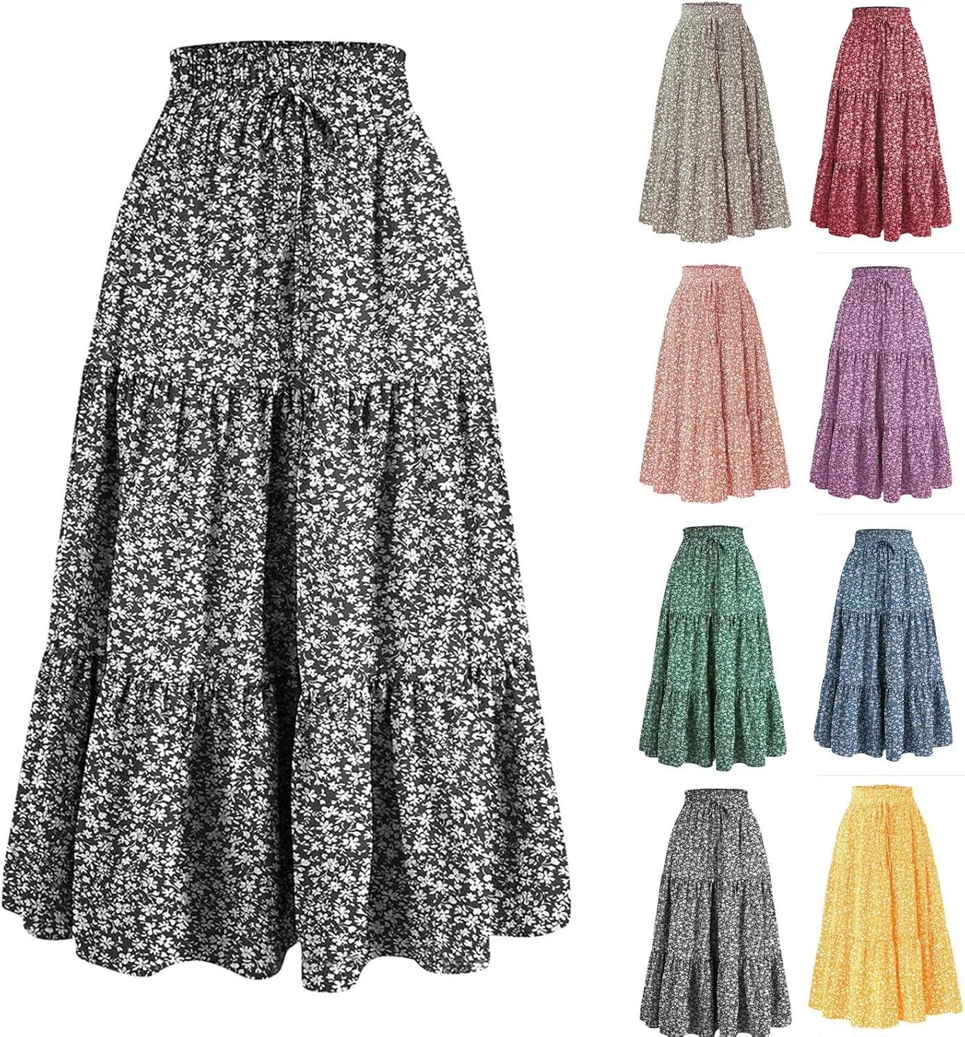 Floral Boho Skirts for Women Summer Casual Flowy Swing Tiered Long Skirt Elastic High Waisted Pleated Maxi Skirts