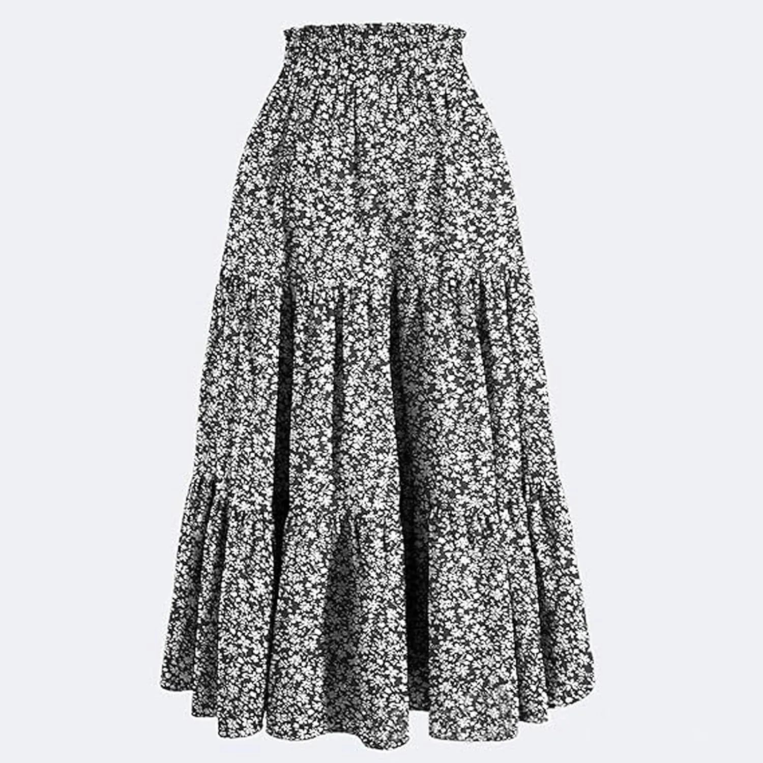 Floral Boho Skirts for Women Summer Casual Flowy Swing Tiered Long Skirt Elastic High Waisted Pleated Maxi Skirts