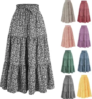 Floral Boho Skirts for Women Summer Casual Flowy Swing Tiered Long Skirt Elastic High Waisted Pleated Maxi Skirts