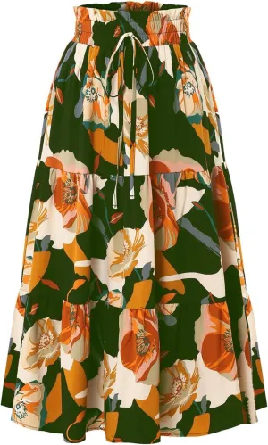 Floral Maxi Skirts for Women Summer Pleated Long Flowy Skirt Casual Elastic Waist Tiered A Line Boho Skirt Vacation