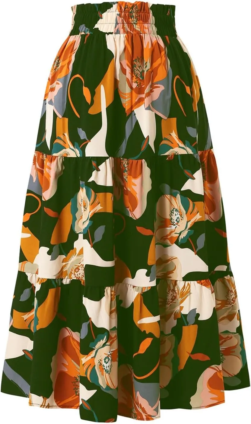 Floral Maxi Skirts for Women Summer Pleated Long Flowy Skirt Casual Elastic Waist Tiered A Line Boho Skirt Vacation