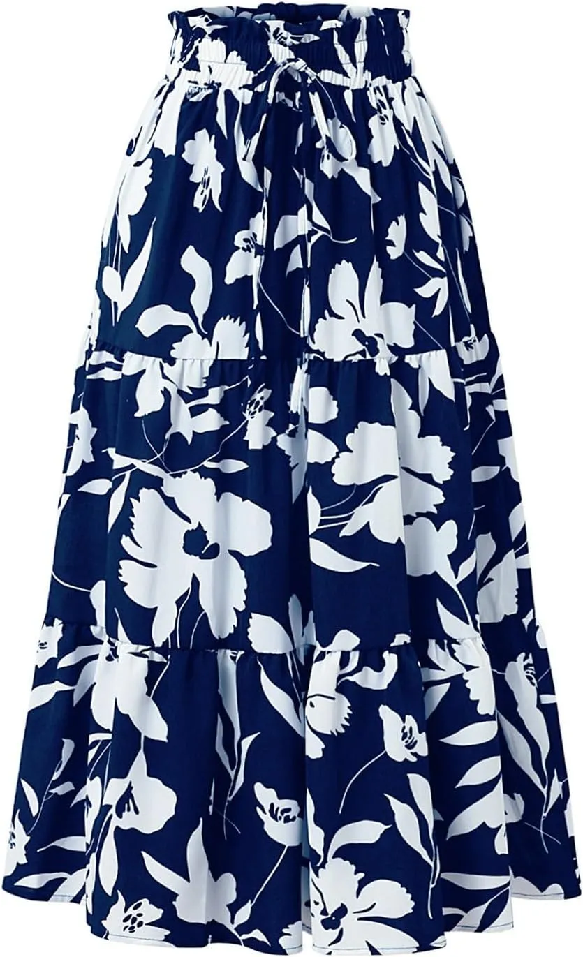 Floral Midi Skirts for Women Trendy Casual Pleated Tiered Maxi Skirt Elastic Waist Beach Boho A Line Flowy Skirt