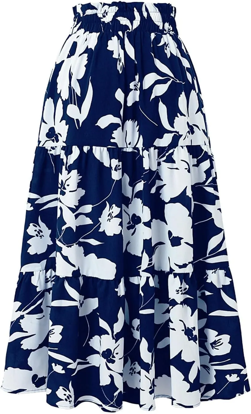 Floral Midi Skirts for Women Trendy Casual Pleated Tiered Maxi Skirt Elastic Waist Beach Boho A Line Flowy Skirt