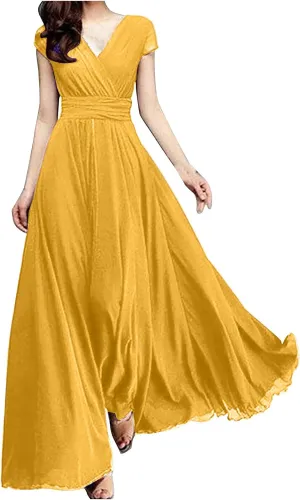 Flowy Maxi Dress Womens Spring Dresses Plus Size Short Sleeve V Neck Long Casual Plain Fashion Wedding Guest Dress S-5X