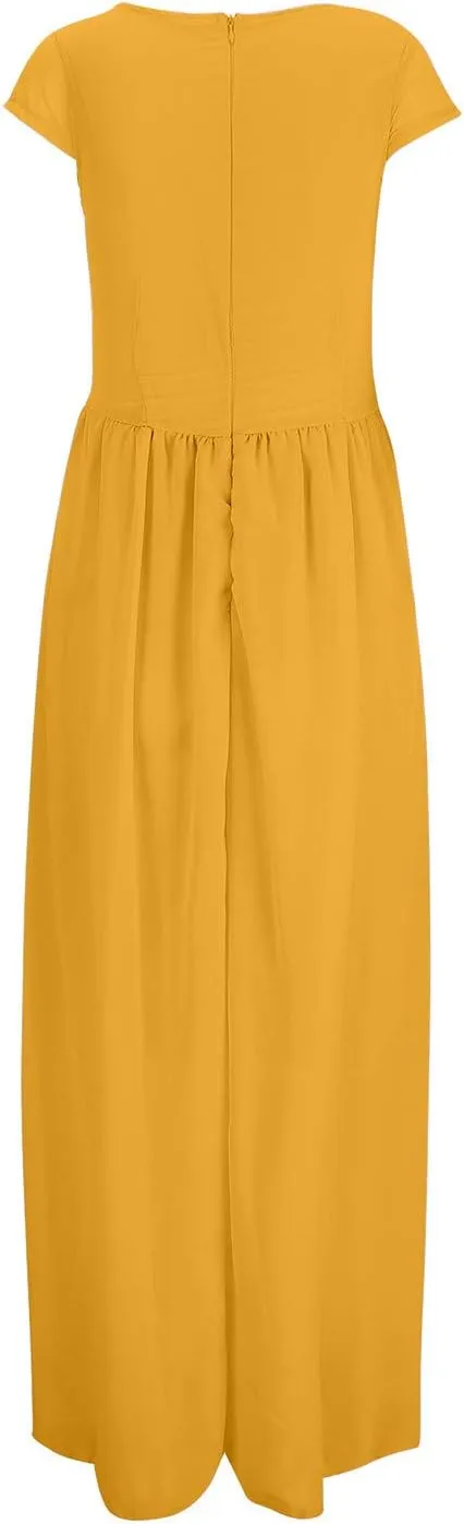 Flowy Maxi Dress Womens Spring Dresses Plus Size Short Sleeve V Neck Long Casual Plain Fashion Wedding Guest Dress S-5X