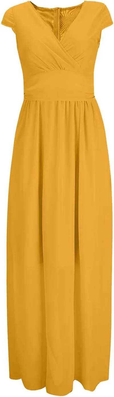 Flowy Maxi Dress Womens Spring Dresses Plus Size Short Sleeve V Neck Long Casual Plain Fashion Wedding Guest Dress S-5X