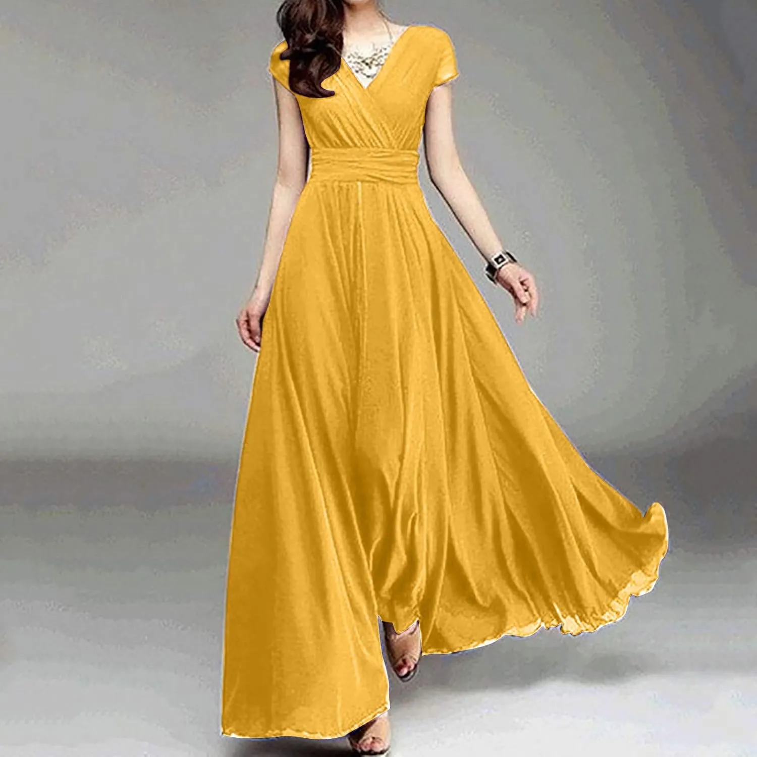 Flowy Maxi Dress Womens Spring Dresses Plus Size Short Sleeve V Neck Long Casual Plain Fashion Wedding Guest Dress S-5X