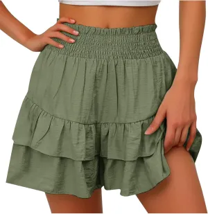 Flowy Shorts for Women Casual High Waisted Boho Floral Butterfly Beach Skorts Y2K Layered Ruffle Wrap Mini Short Pants