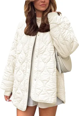 Flygo Women's Oversized Quilted Lightweight Jacket Button Down Puffer Padded Outerwear with Pocket