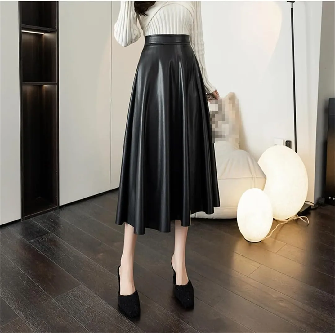 Fnfmrfmr Womens Black A-Line Leather Skirts Hihg Waist Back Zipper Fly PU Skirts Midi Length Pleated Skirt