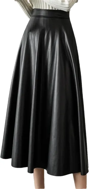Fnfmrfmr Womens Black A-Line Leather Skirts Hihg Waist Back Zipper Fly PU Skirts Midi Length Pleated Skirt