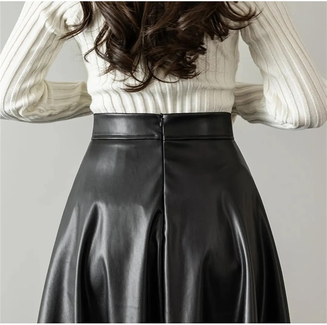 Fnfmrfmr Womens Black A-Line Leather Skirts Hihg Waist Back Zipper Fly PU Skirts Midi Length Pleated Skirt