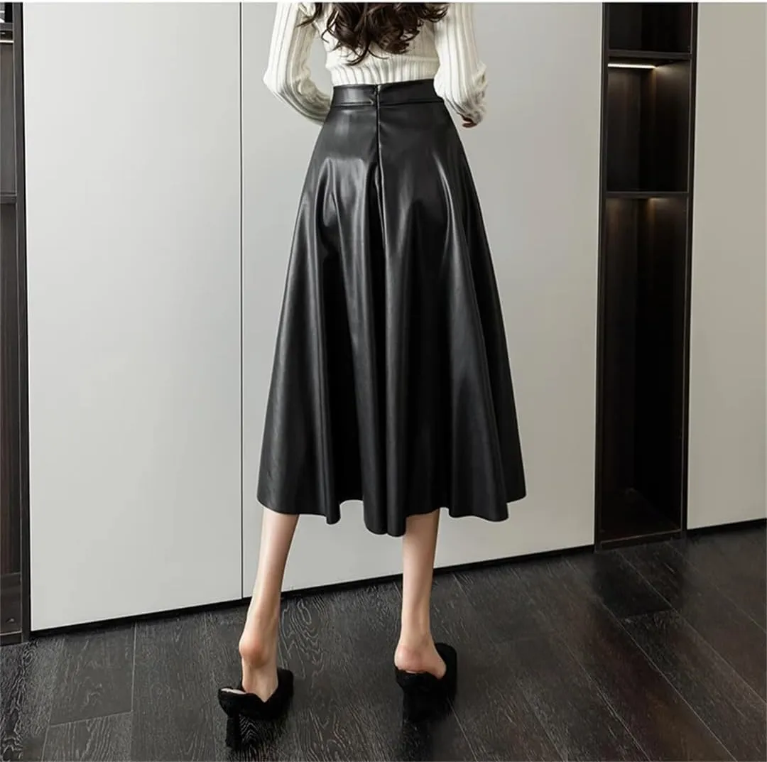 Fnfmrfmr Womens Black A-Line Leather Skirts Hihg Waist Back Zipper Fly PU Skirts Midi Length Pleated Skirt