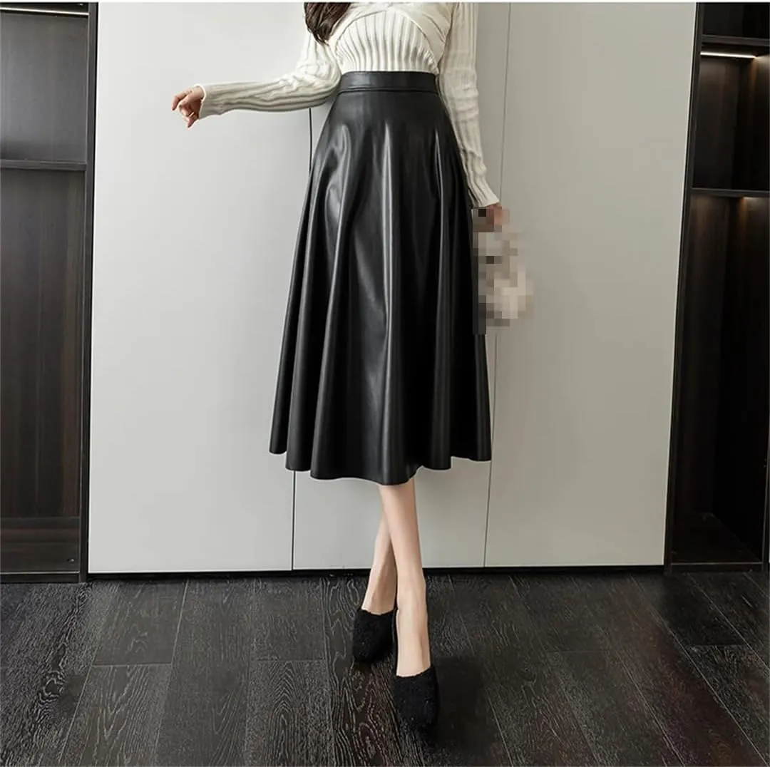 Fnfmrfmr Womens Black A-Line Leather Skirts Hihg Waist Back Zipper Fly PU Skirts Midi Length Pleated Skirt