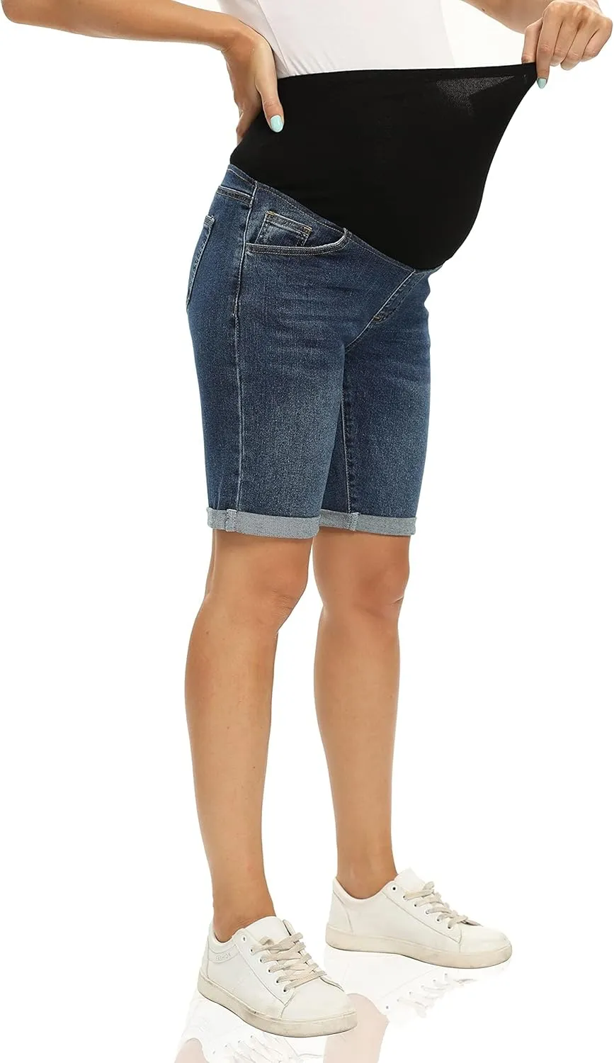 Foucome Women's Materntiy Denim Shorts Over The Belly Comfy Stretch Bermuda Jean Shorts
