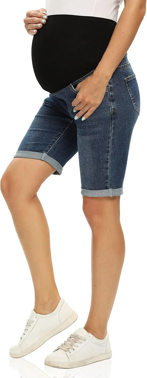 Foucome Women's Materntiy Denim Shorts Over The Belly Comfy Stretch Bermuda Jean Shorts