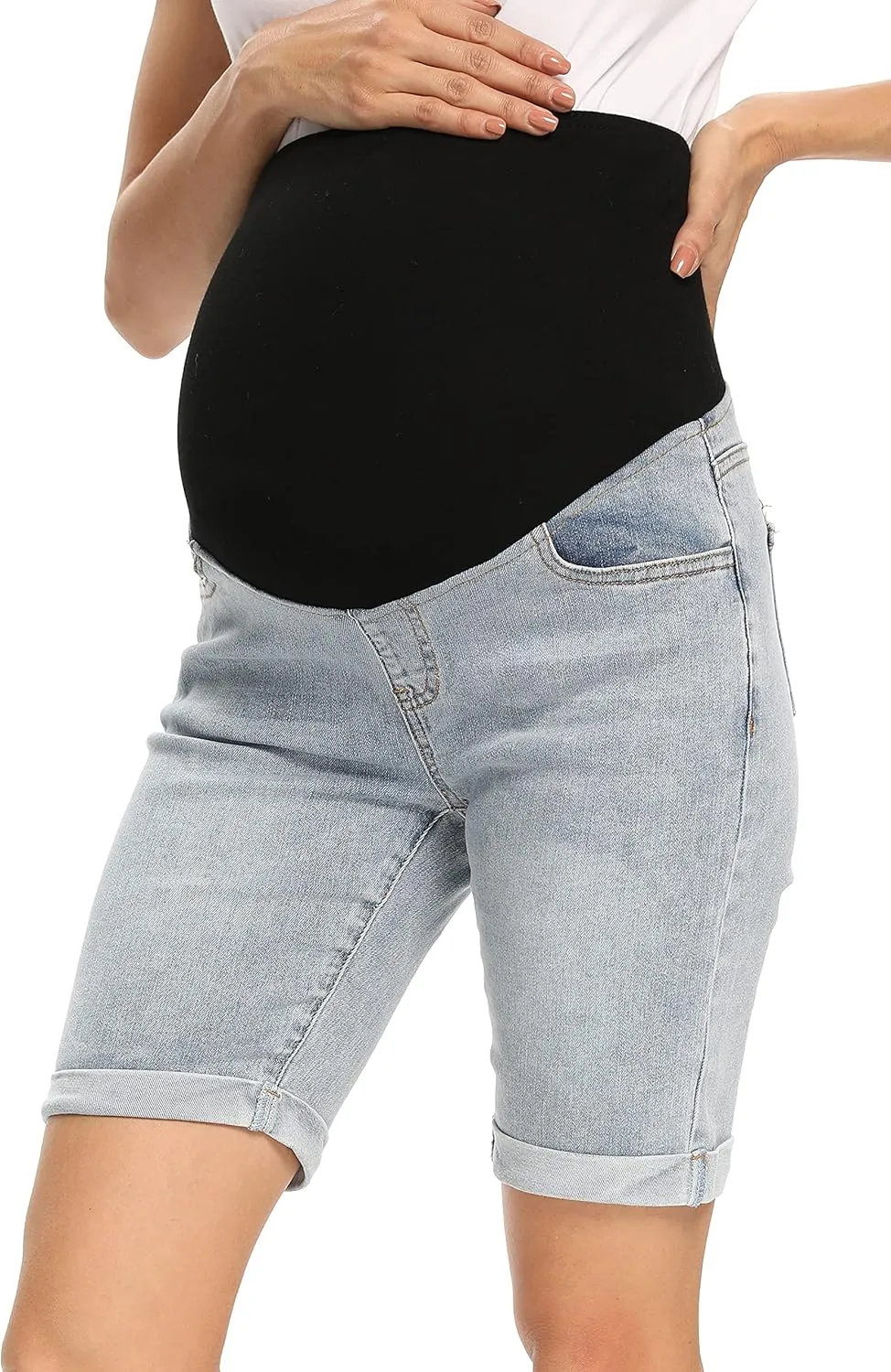 Foucome Women's Materntiy Denim Shorts Over The Belly Comfy Stretch Bermuda Jean Shorts