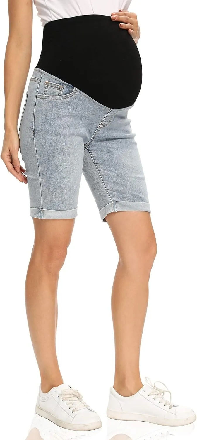 Foucome Women's Materntiy Denim Shorts Over The Belly Comfy Stretch Bermuda Jean Shorts