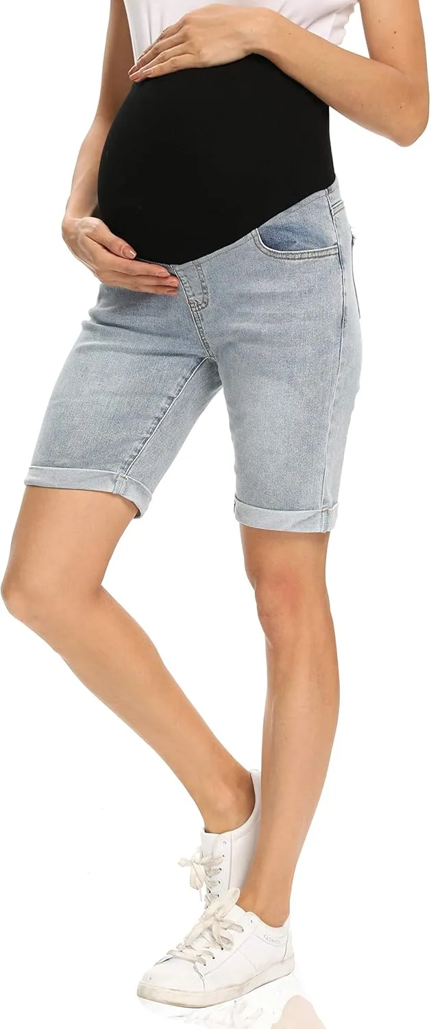 Foucome Women's Materntiy Denim Shorts Over The Belly Comfy Stretch Bermuda Jean Shorts