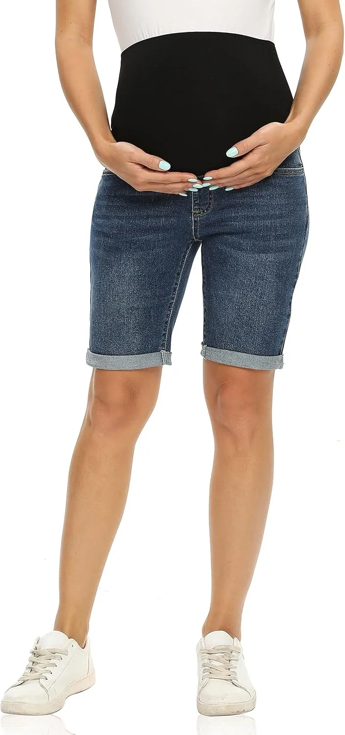 Foucome Women's Materntiy Denim Shorts Over The Belly Comfy Stretch Bermuda Jean Shorts