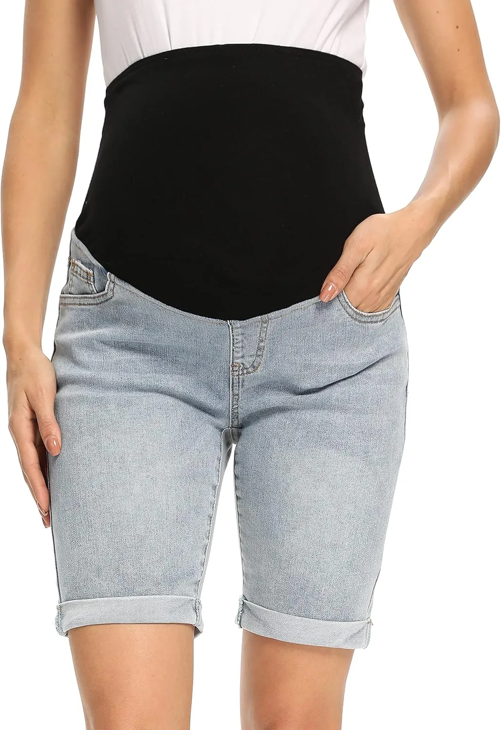Foucome Women's Materntiy Denim Shorts Over The Belly Comfy Stretch Bermuda Jean Shorts