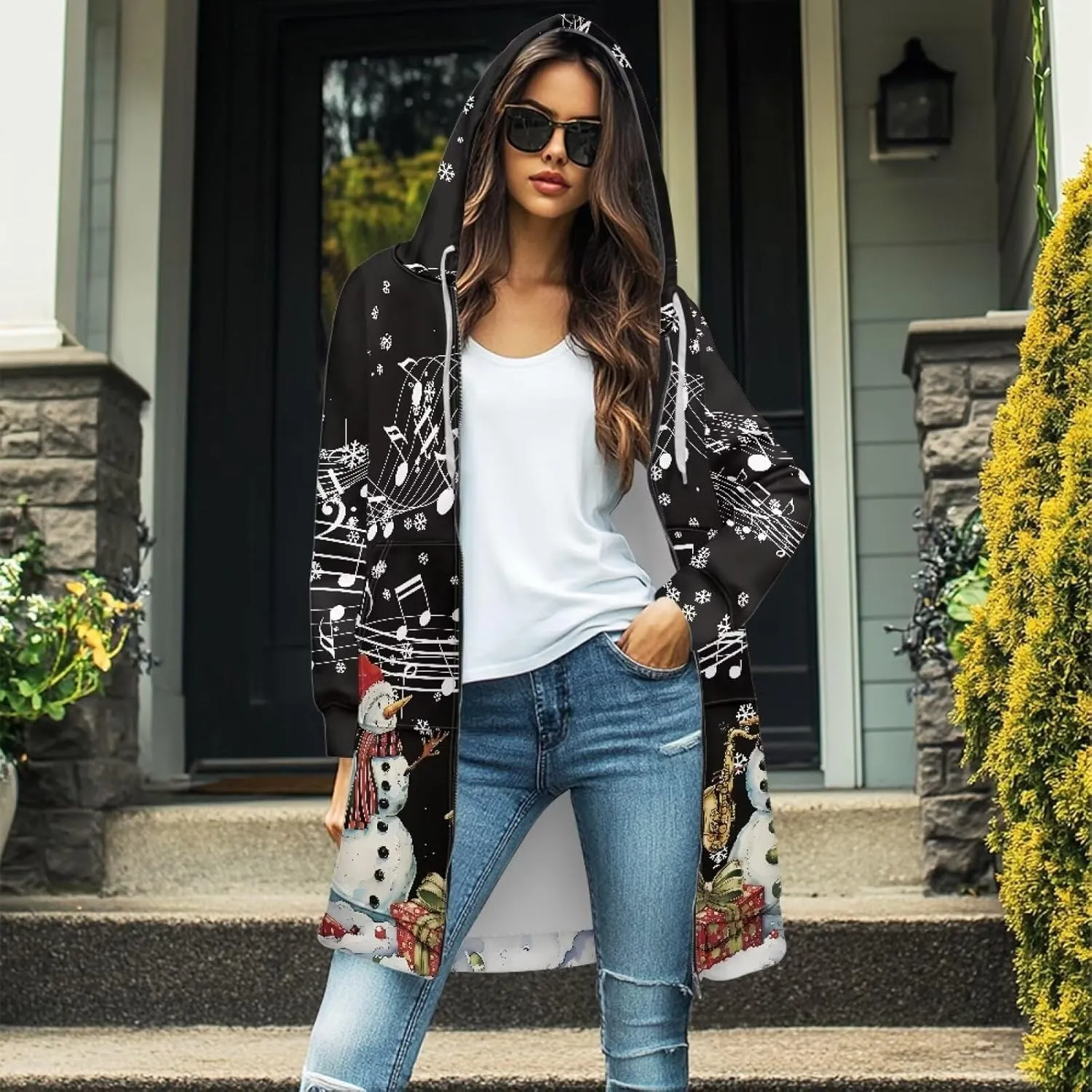 Full Zip up Hoodies Mid-Length Sweatshirt Cardigan Loose Casual Jackets Trendy Coat with Pockets S-3XL
