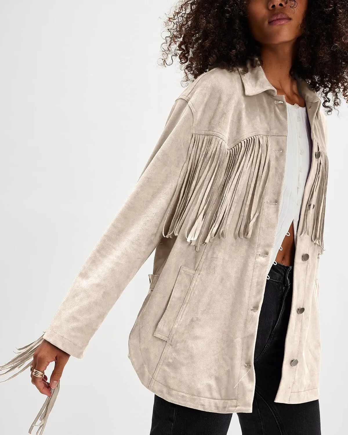 Gacaky Women's Oversized Faux Suede Fringe Jacket Vintage Western Cowgirl Tassel Jackets Country Concert Outfits
