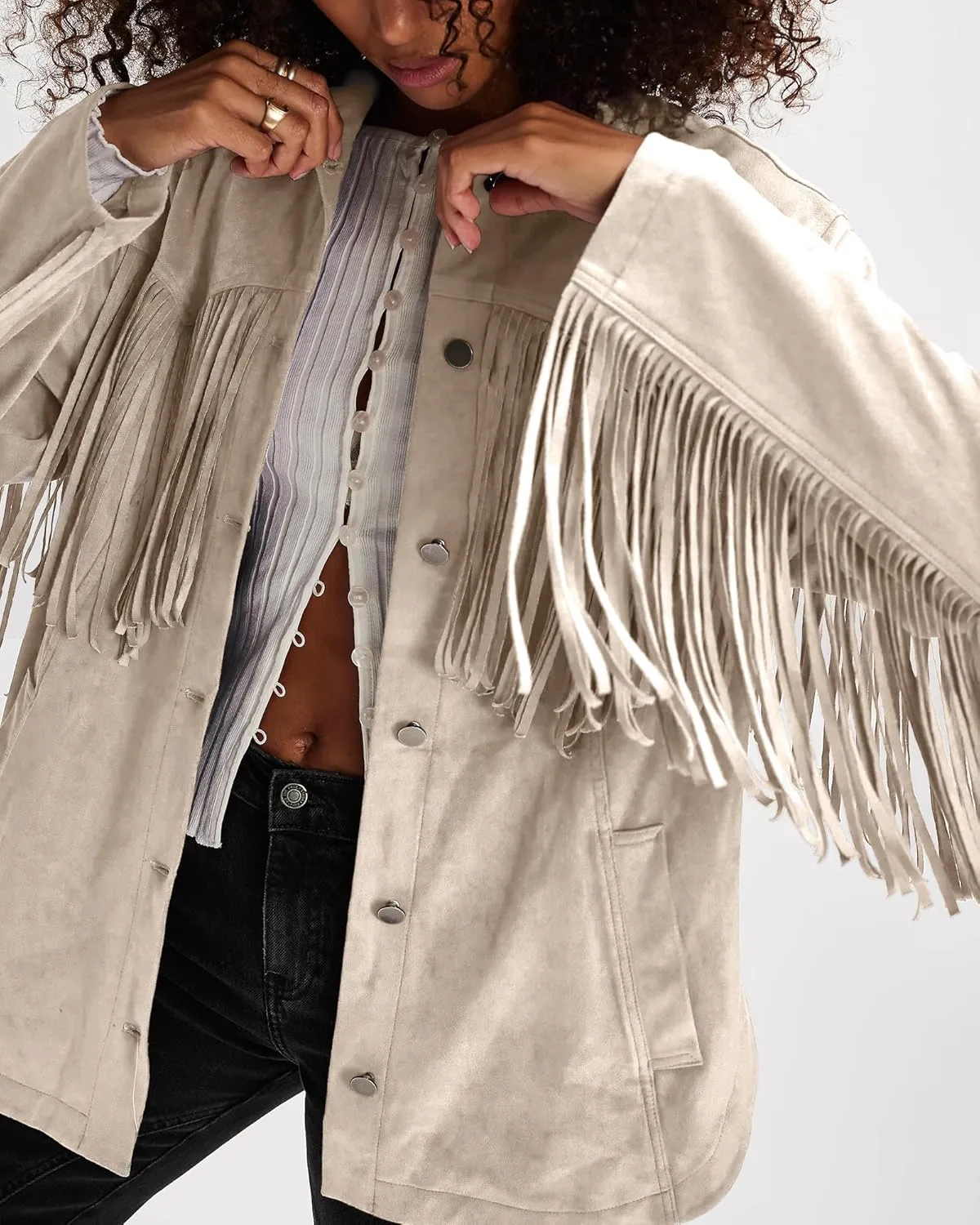 Gacaky Women's Oversized Faux Suede Fringe Jacket Vintage Western Cowgirl Tassel Jackets Country Concert Outfits
