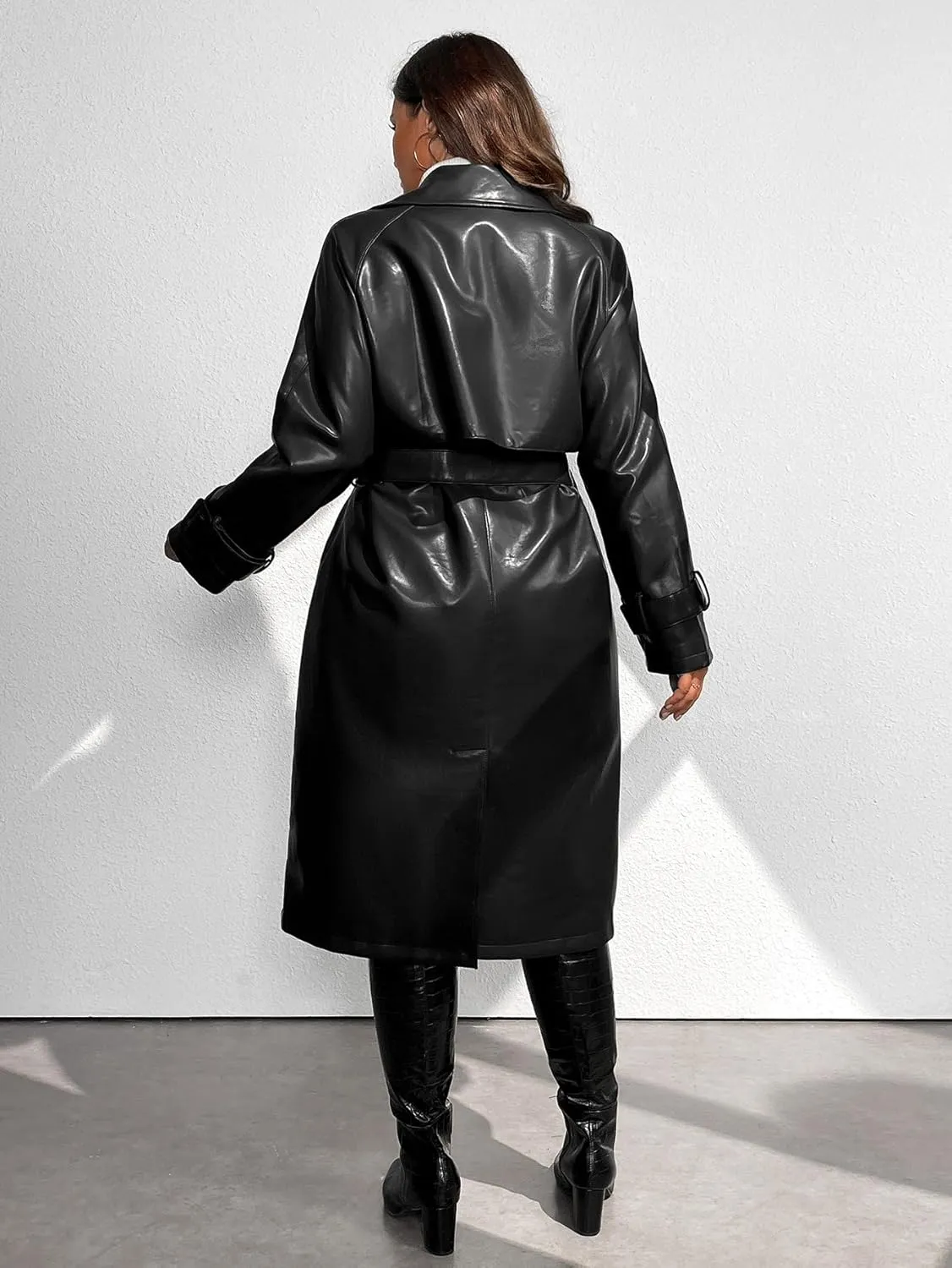 Geschallino Women's Trench Coat Plus Size Faux Leather Long Classic Motorcycle Jacket Lapel Belted Overcoat (1X-5X)