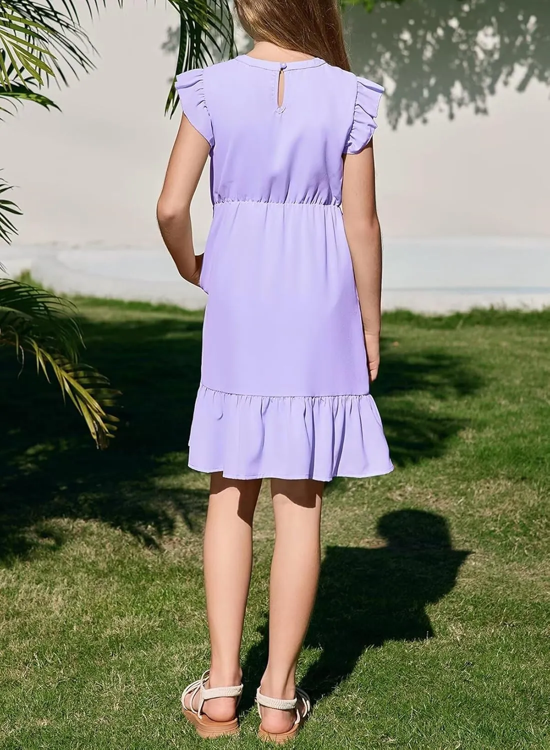 Girls Dresses Ruffle Trim Sleeveless V Neck Casual A-Line Flowy Dress with Pockets