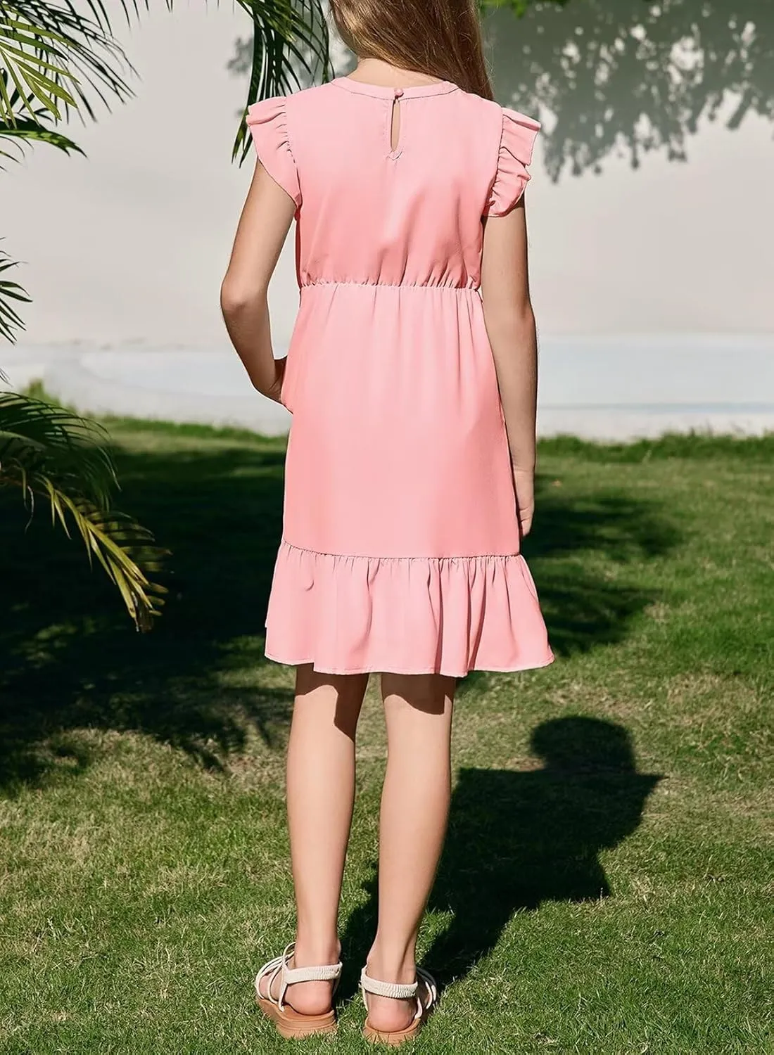 Girls Dresses Ruffle Trim Sleeveless V Neck Casual A-Line Flowy Dress with Pockets