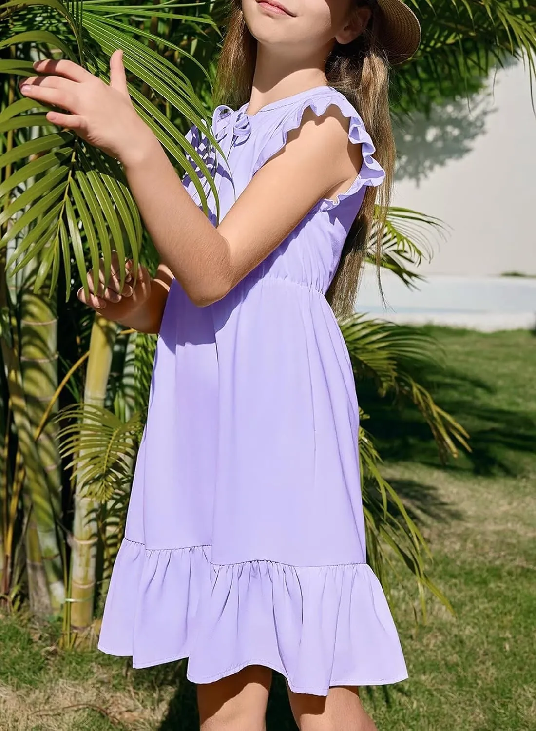 Girls Dresses Ruffle Trim Sleeveless V Neck Casual A-Line Flowy Dress with Pockets