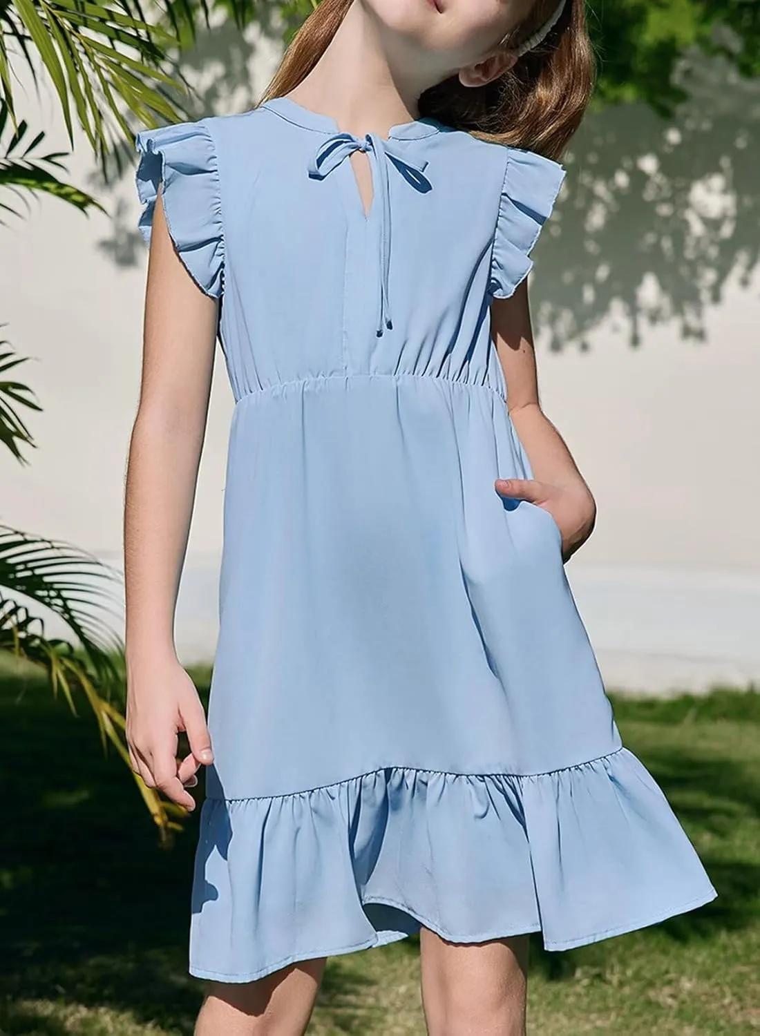 Girls Dresses Ruffle Trim Sleeveless V Neck Casual A-Line Flowy Dress with Pockets
