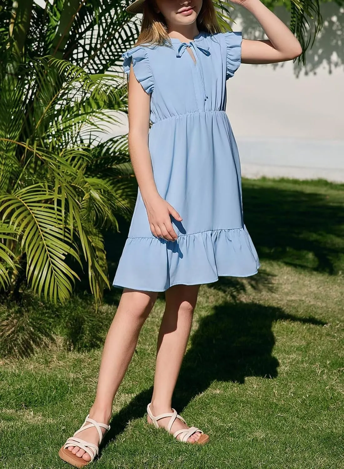 Girls Dresses Ruffle Trim Sleeveless V Neck Casual A-Line Flowy Dress with Pockets