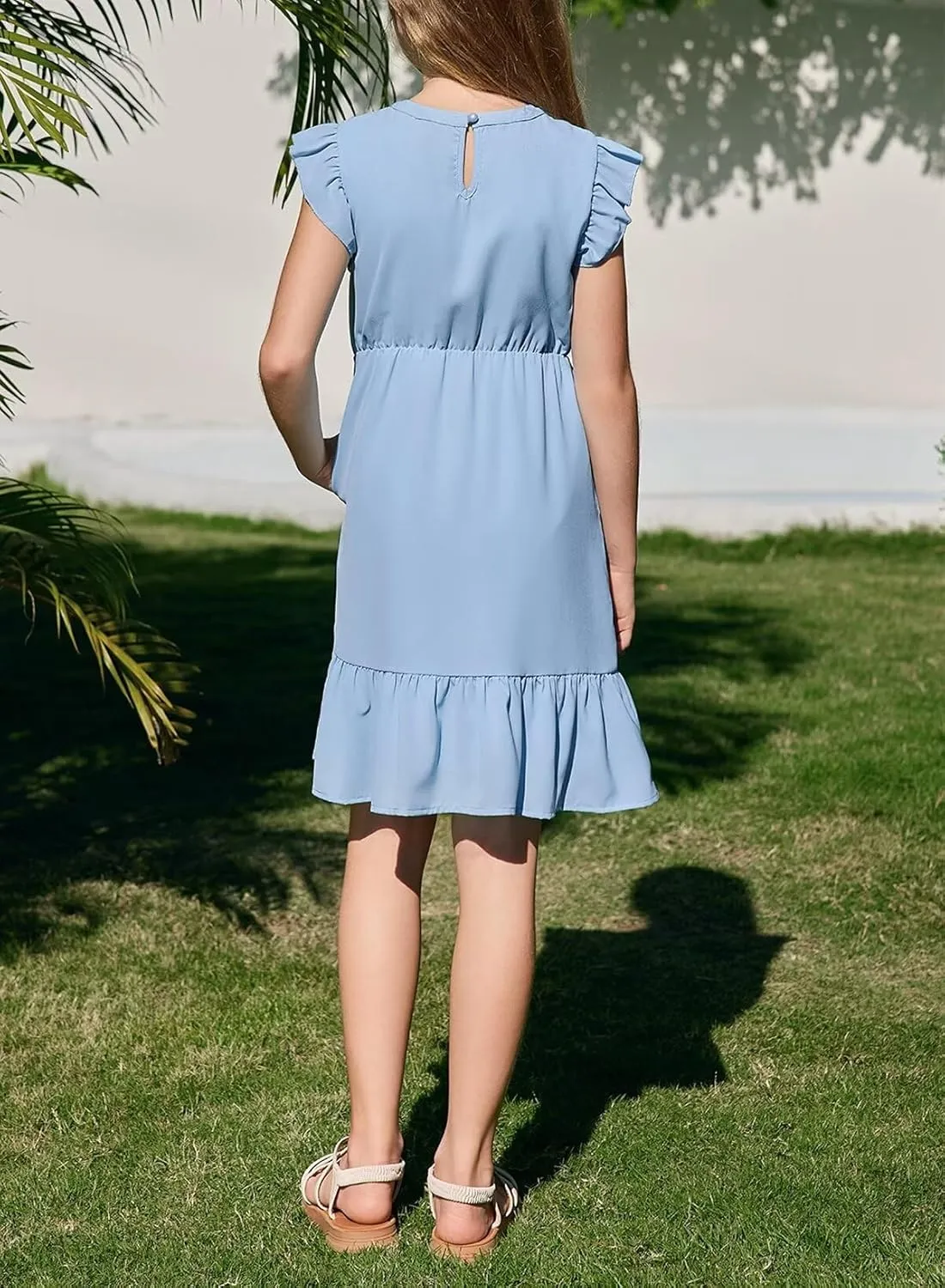 Girls Dresses Ruffle Trim Sleeveless V Neck Casual A-Line Flowy Dress with Pockets
