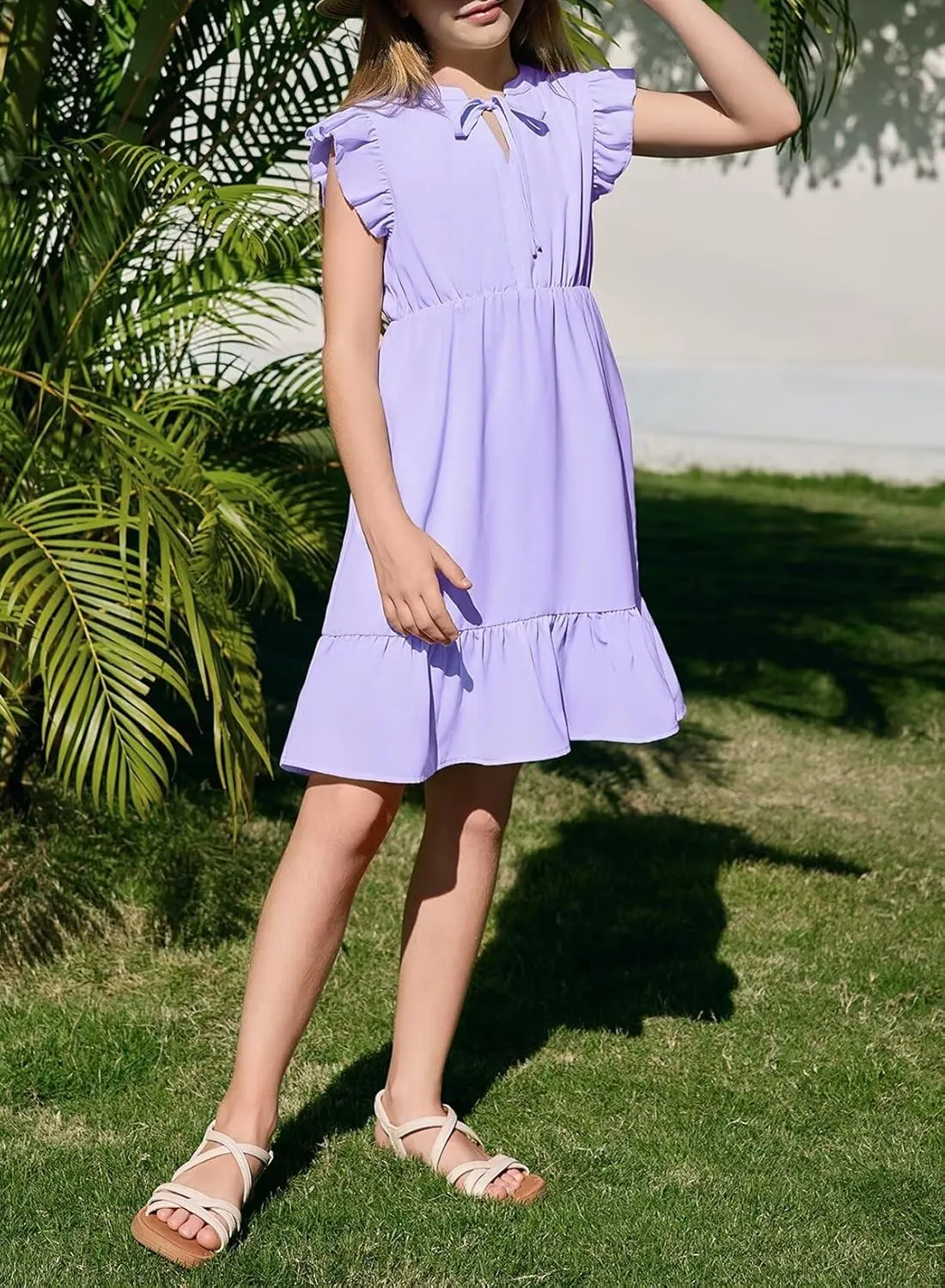 Girls Dresses Ruffle Trim Sleeveless V Neck Casual A-Line Flowy Dress with Pockets