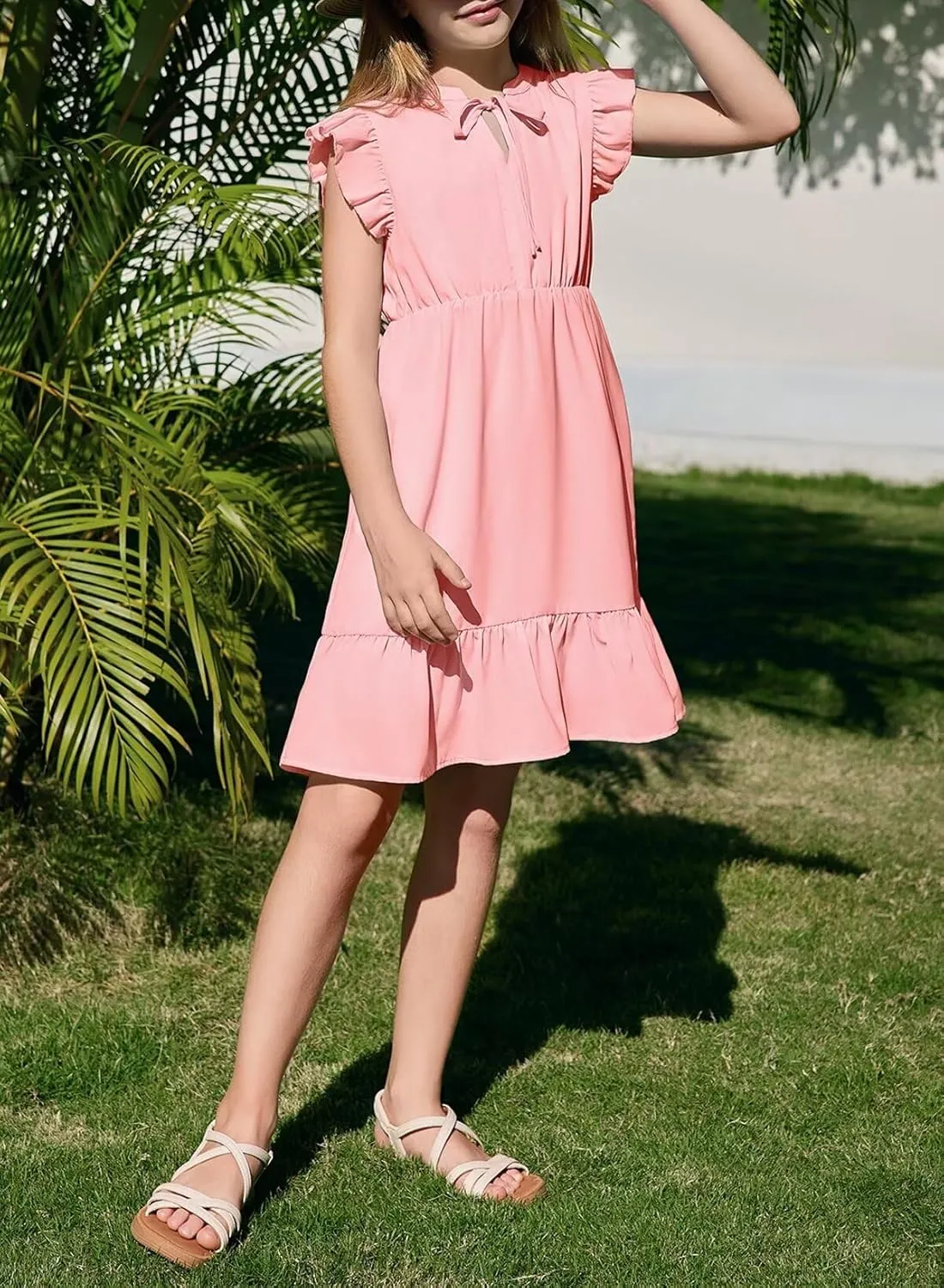 Girls Dresses Ruffle Trim Sleeveless V Neck Casual A-Line Flowy Dress with Pockets