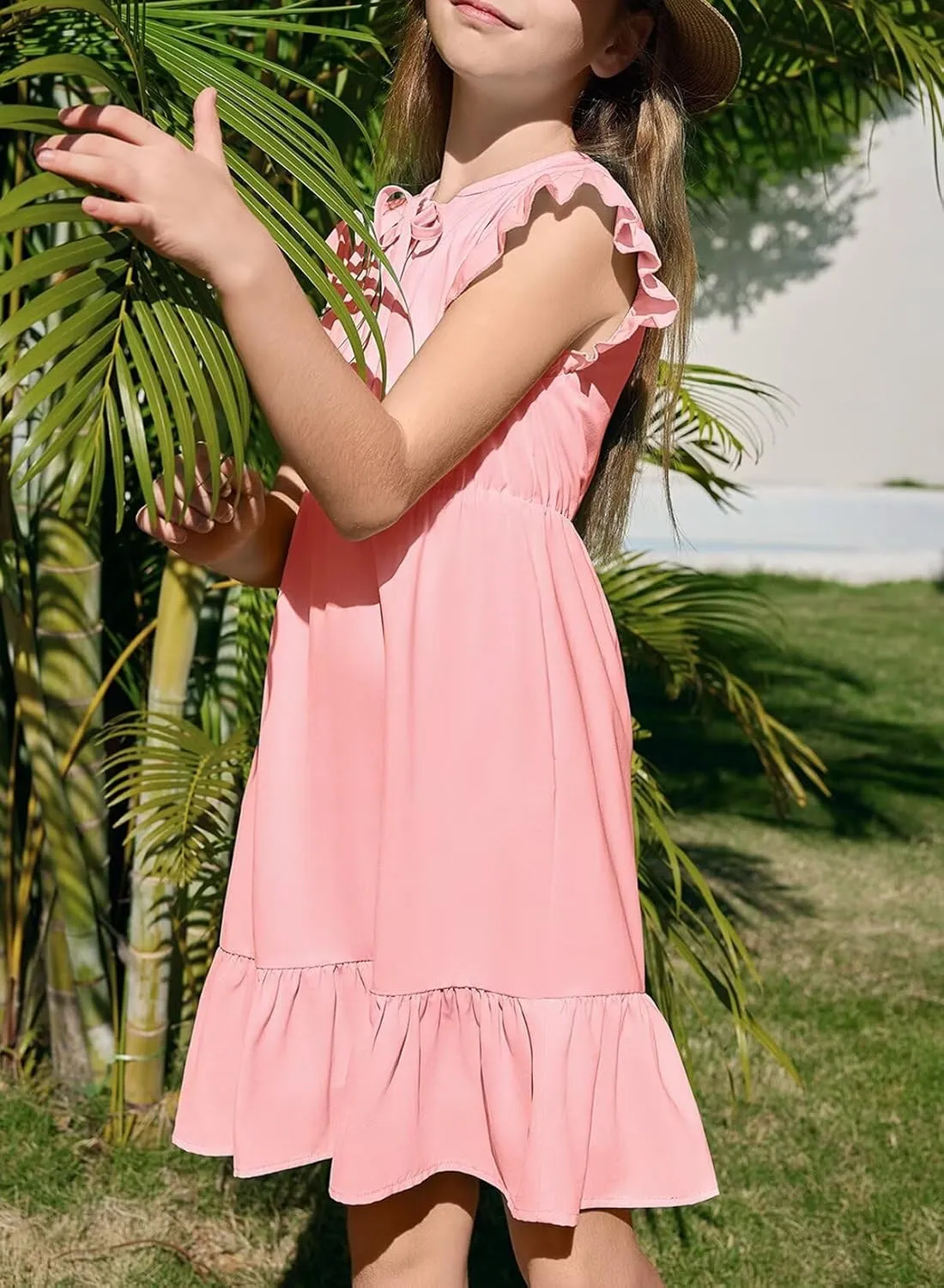 Girls Dresses Ruffle Trim Sleeveless V Neck Casual A-Line Flowy Dress with Pockets