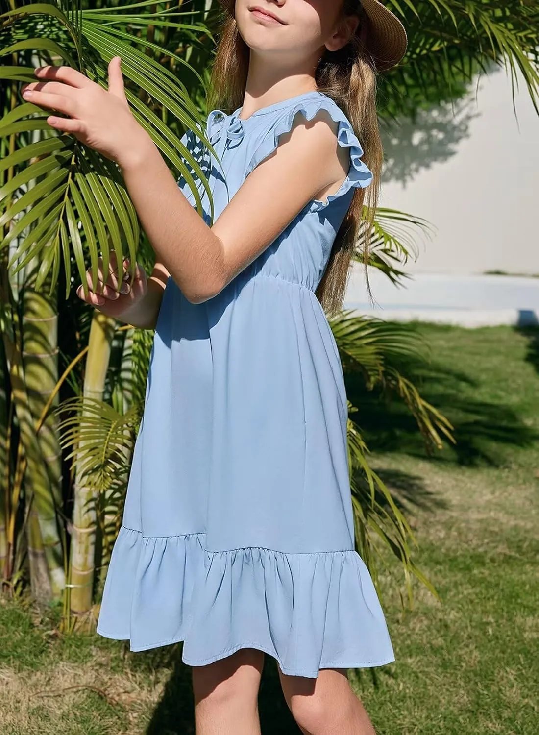 Girls Dresses Ruffle Trim Sleeveless V Neck Casual A-Line Flowy Dress with Pockets
