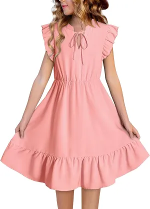 Girls Dresses Ruffle Trim Sleeveless V Neck Casual A-Line Flowy Dress with Pockets
