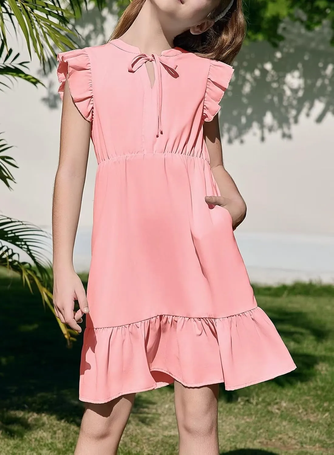 Girls Dresses Ruffle Trim Sleeveless V Neck Casual A-Line Flowy Dress with Pockets