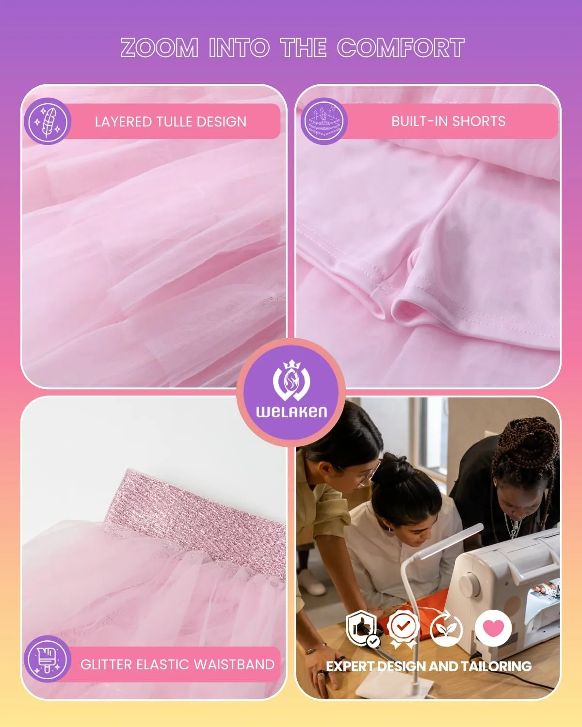 Girls Layered Tutu Skirts Elastic Waist Tulle High-Low Skorts Dance Party Outfits