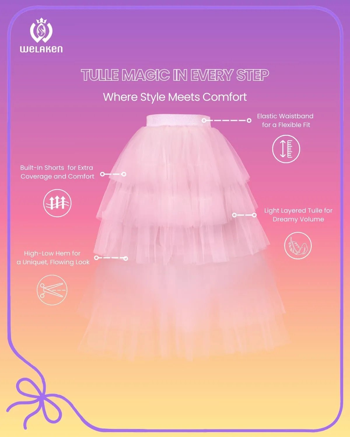 Girls Layered Tutu Skirts Elastic Waist Tulle High-Low Skorts Dance Party Outfits